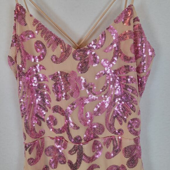 Bebe Women Sequin Open Back Sparkle Mesh Short Dress Size Medium Pink Y2k Barbie - Picture 2 of 14